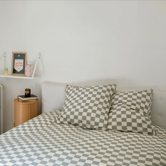 parure linge de lit adulte jersey tout doux imprimé damier vert