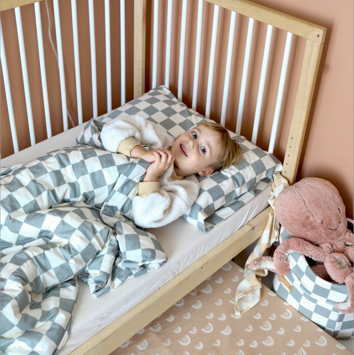 parure linge de lit enfant bébé jersey tout doux imprimé damier vert
