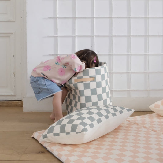 panier de rangement jouet chambre enfant bebe grand format motif damier vert
