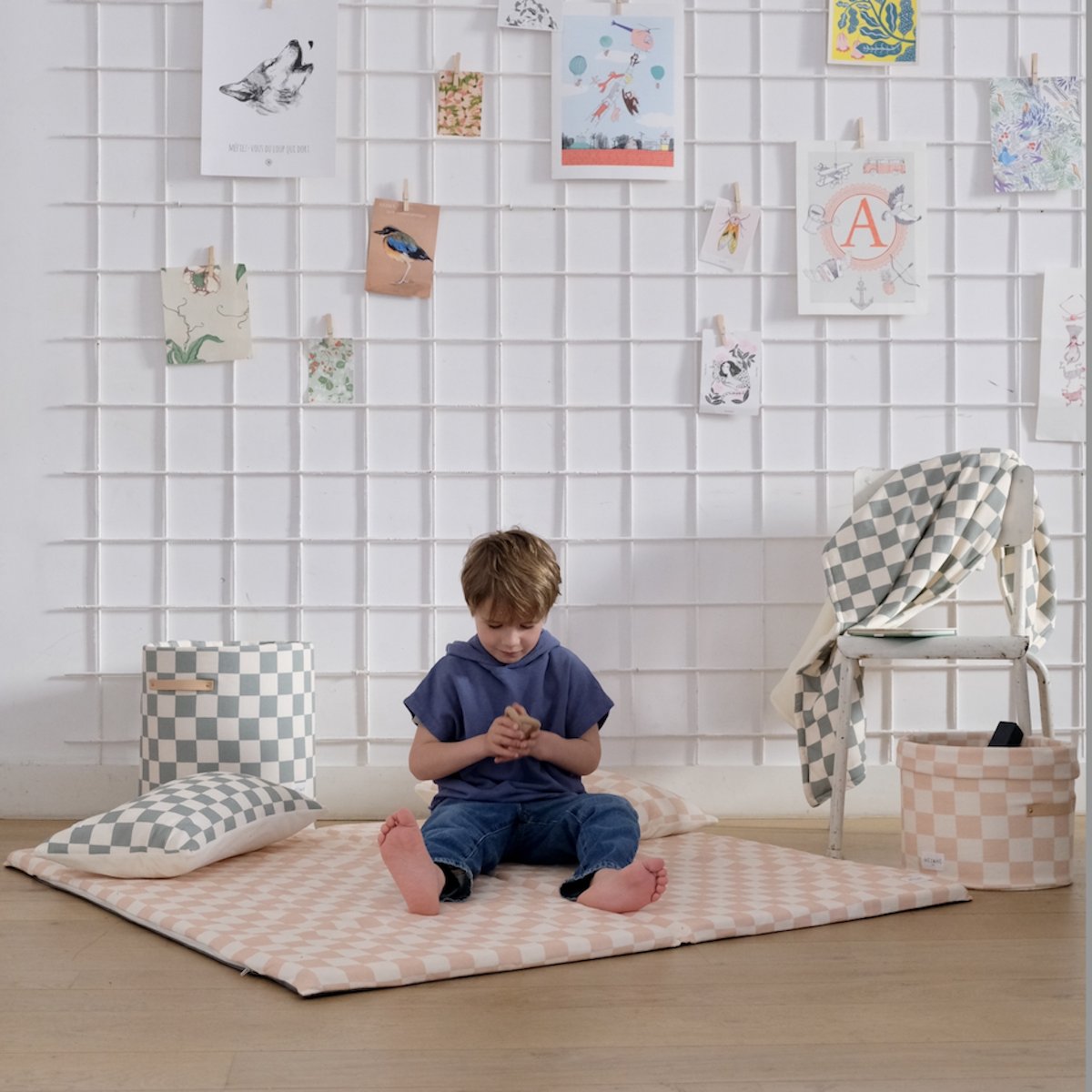 panier de rangement jouet enfant bebe grand format motif damier vert