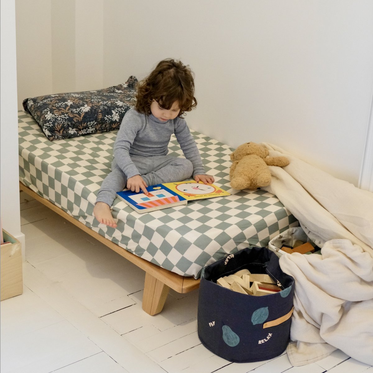 drap housse jersey  imprimé damier vert