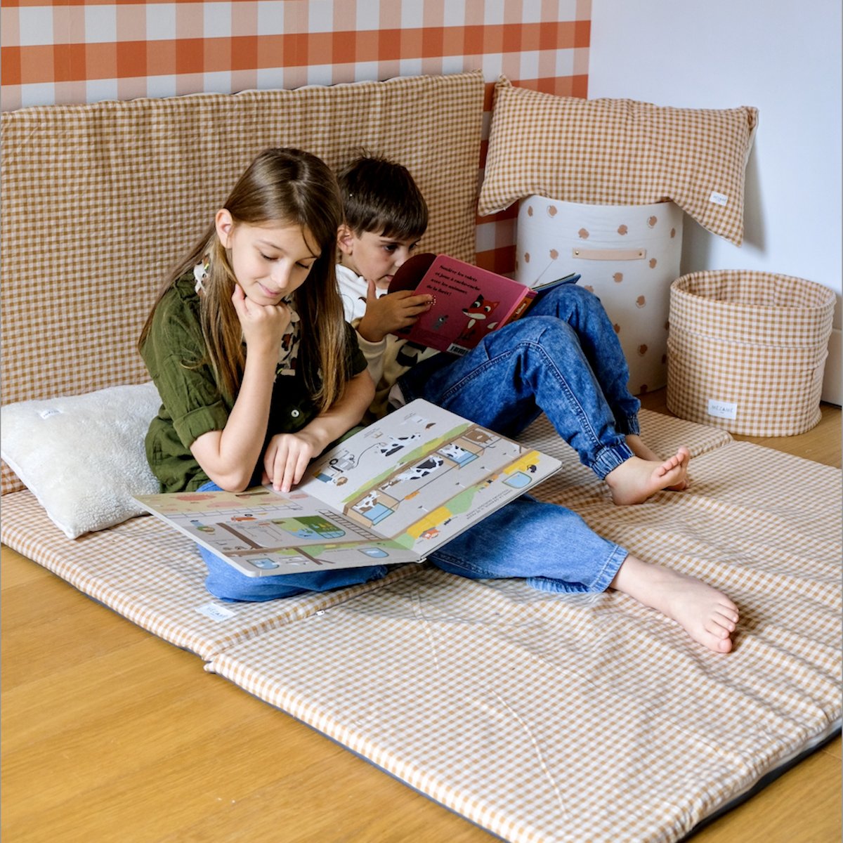 tapis d eveil temps calme et jeux bebe enfant vichy colori caramel grand format XXL